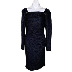 David Meister Black Metallic Beaded Cocktail Dress, Long Sleeves Women’s Size 8
